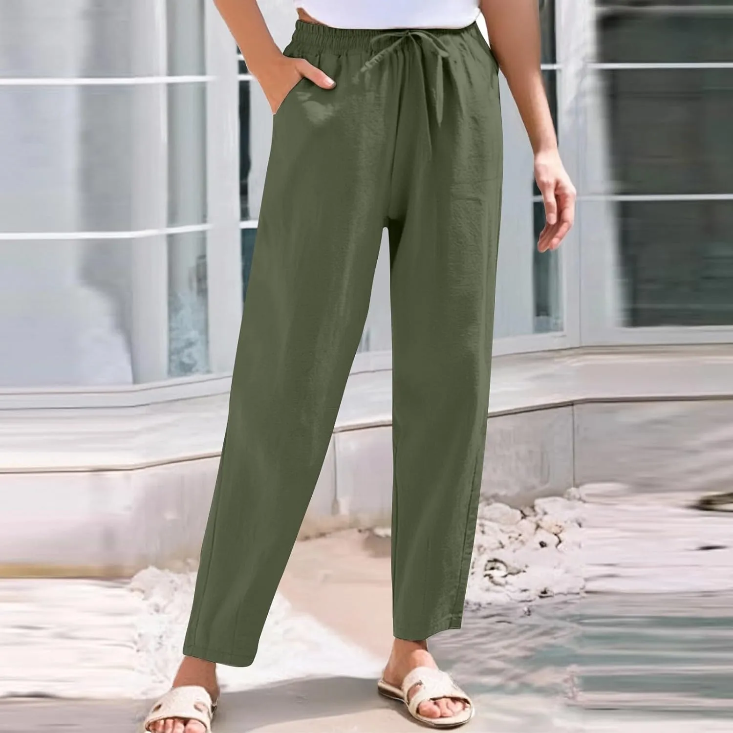 Cotton Linen Pants Women Lightweight Summer Joggers Drawstring Straight Leg Trousers Casual Beach Pants with Pockets