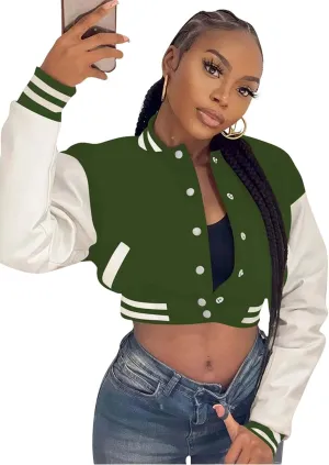 Doweha Women Faux Leather Jacket Light Moto Bomber Jackets Cropped Letterman Baseball Jacket Fall Coat with Pockets