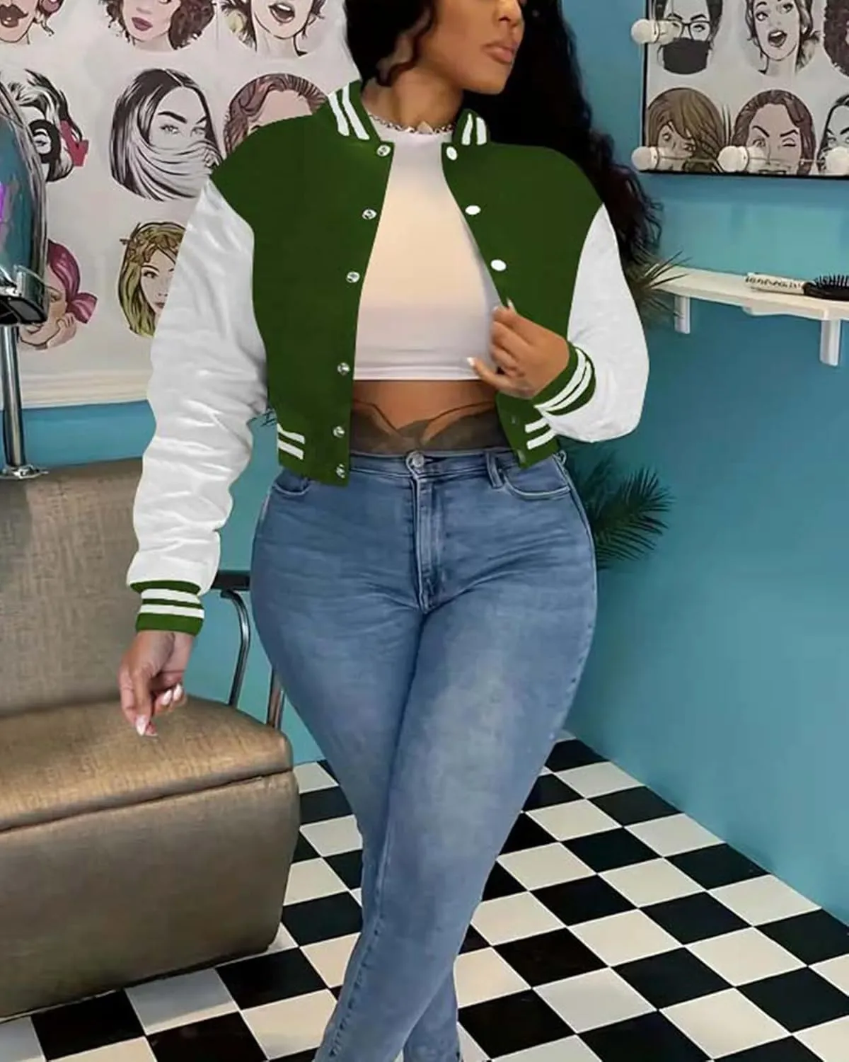Doweha Women Faux Leather Jacket Light Moto Bomber Jackets Cropped Letterman Baseball Jacket Fall Coat with Pockets