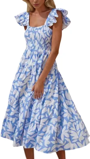 Ecosunny Women's Summer Maxi Dress Square Neck Ruffle Sleeveless Flowy Smocked Tiered Beach Long Dress