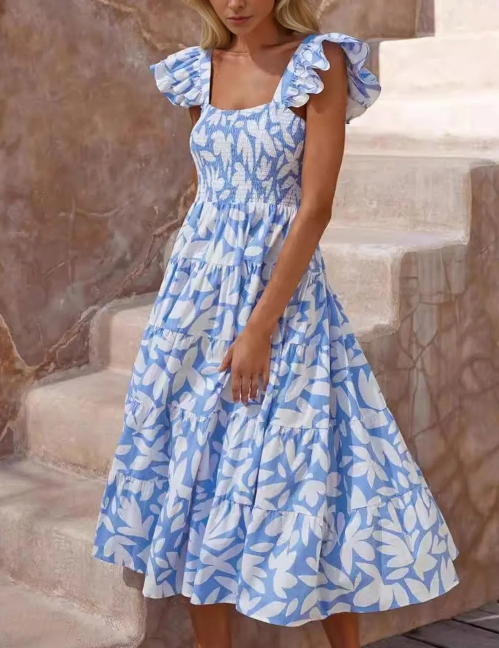Ecosunny Women's Summer Maxi Dress Square Neck Ruffle Sleeveless Flowy Smocked Tiered Beach Long Dress