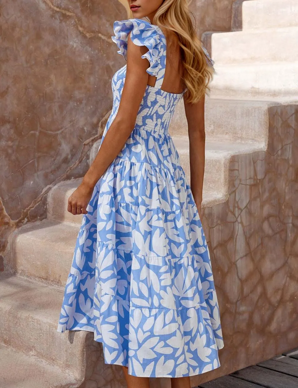 Ecosunny Women's Summer Maxi Dress Square Neck Ruffle Sleeveless Flowy Smocked Tiered Beach Long Dress