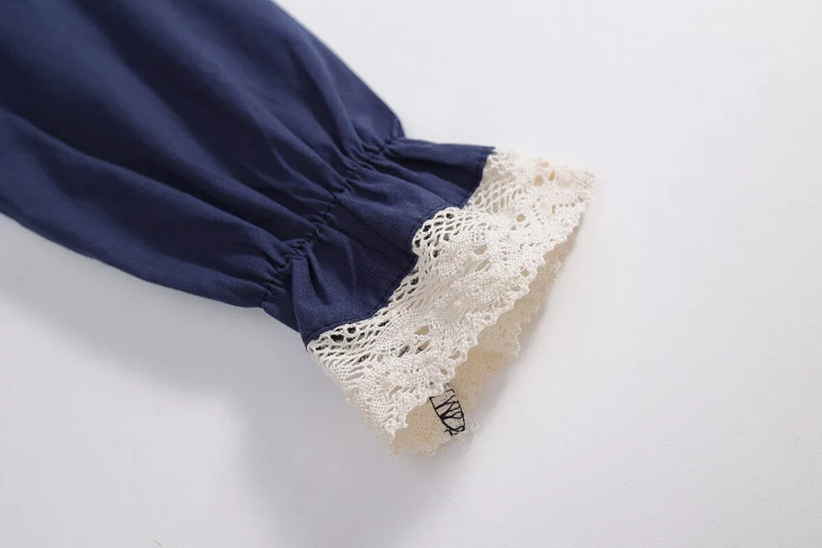 Embroidered Bunny Doll Collar Long Sleeve Dress