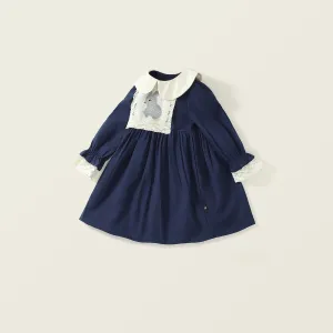 Embroidered Bunny Doll Collar Long Sleeve Dress