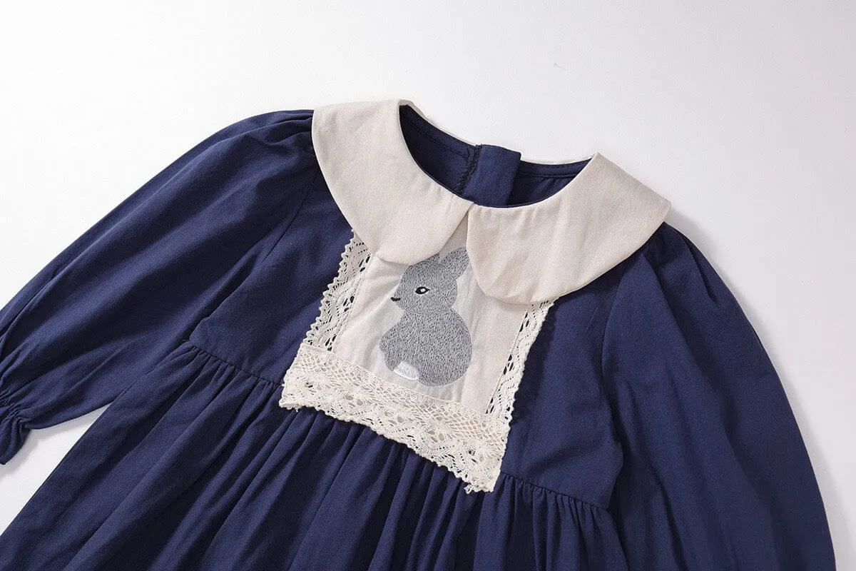 Embroidered Bunny Doll Collar Long Sleeve Dress