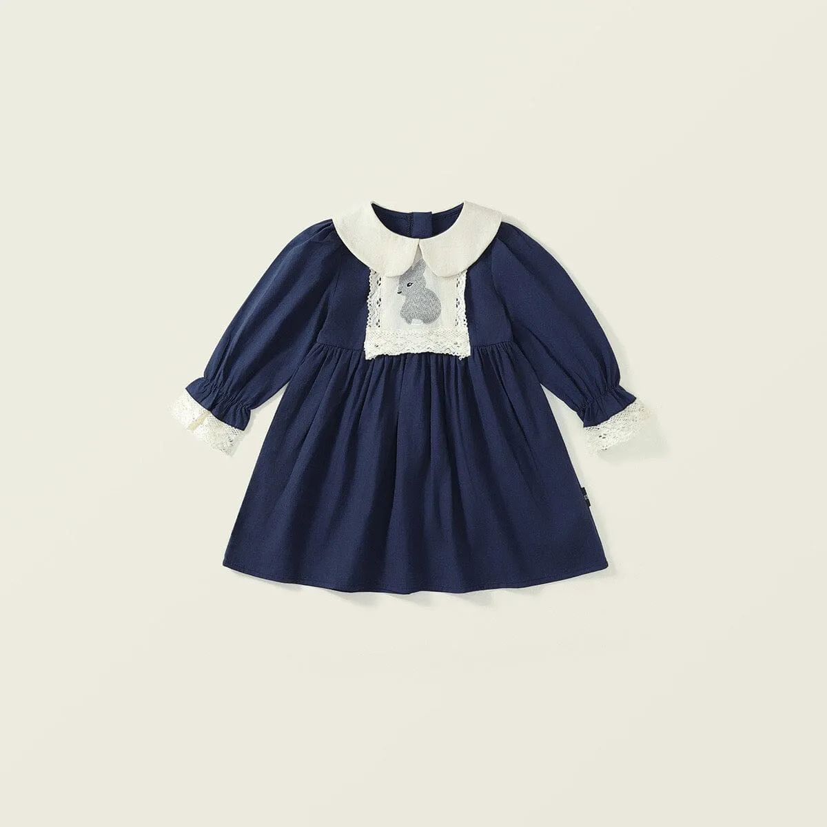 Embroidered Bunny Doll Collar Long Sleeve Dress