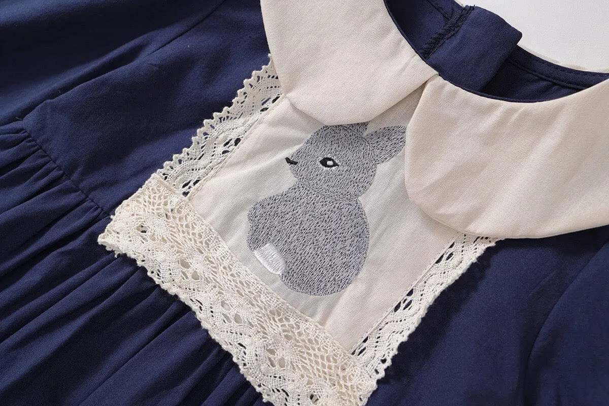 Embroidered Bunny Doll Collar Long Sleeve Dress