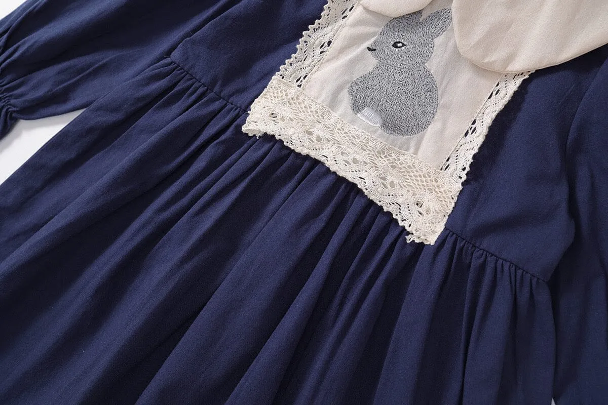Embroidered Bunny Doll Collar Long Sleeve Dress