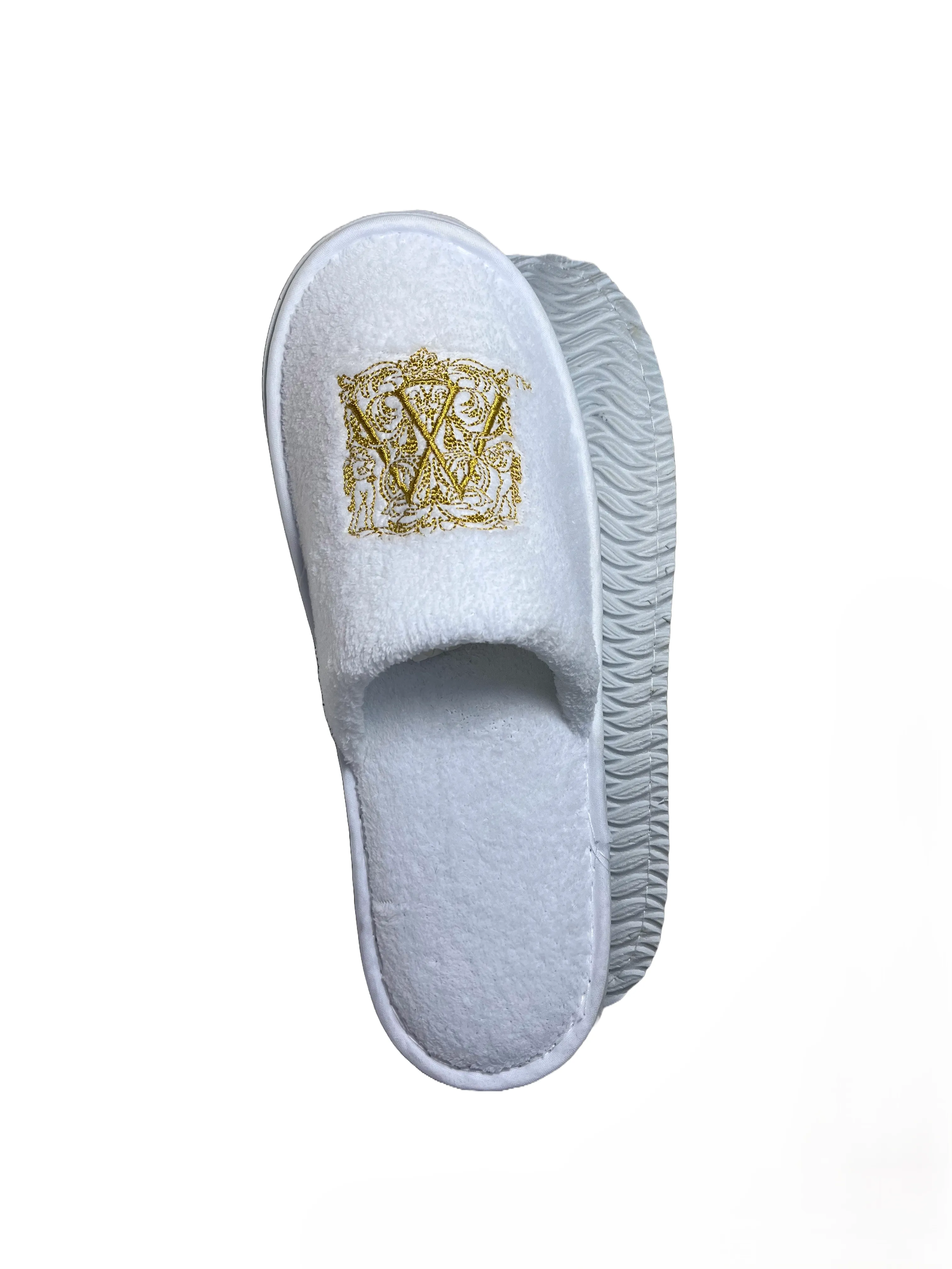 Embroidered Luxury Velour Closed Toe Slippers White