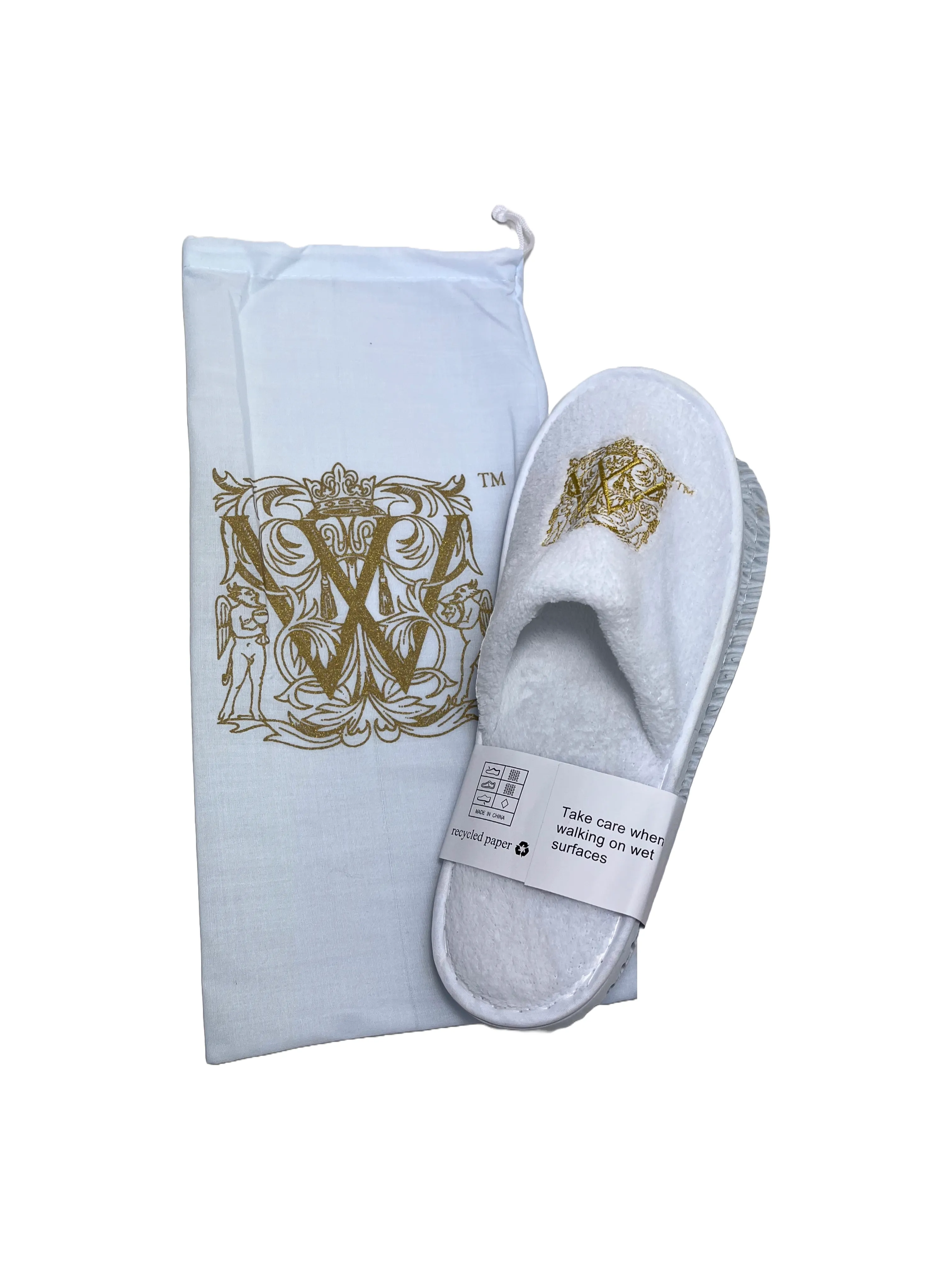 Embroidered Luxury Velour Closed Toe Slippers White