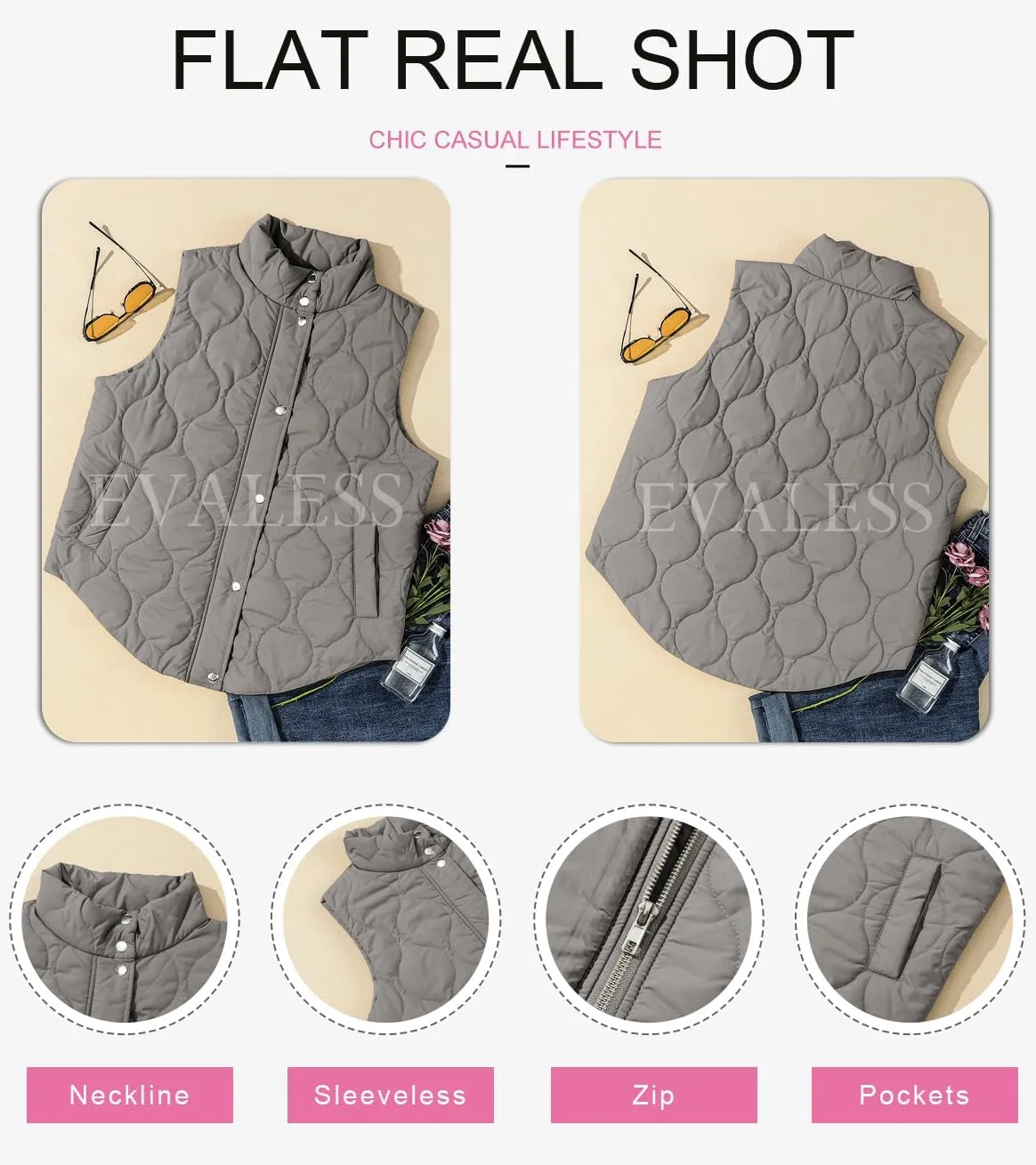 EVALESS Cropped Puffer Vest Women Lightweight Quilted Stand Collar Sleeveless Jackets Fall Spring 2025 Button Zip Up Coat