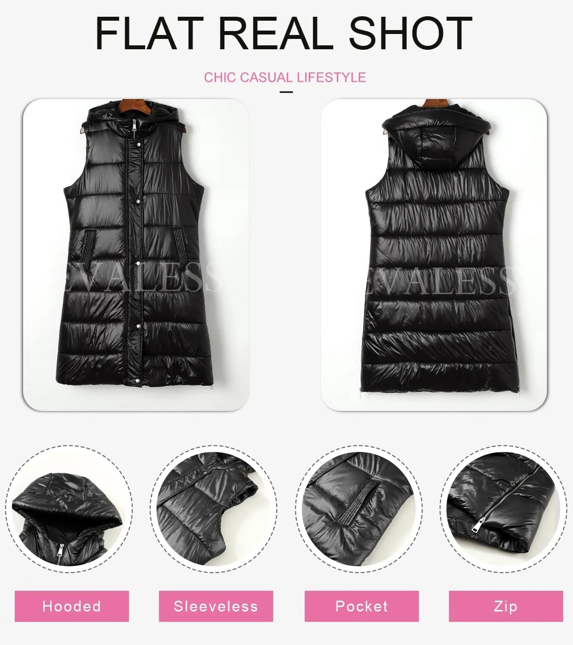 EVALESS Womens Long Puffer Vest Quilted Hooded Sleeveless Zip Up Down Jacket Winter Warm Lightweight Gilet Coat Outerwear
