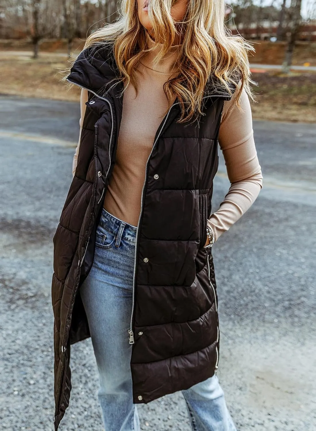 EVALESS Womens Long Puffer Vest Quilted Hooded Sleeveless Zip Up Down Jacket Winter Warm Lightweight Gilet Coat Outerwear