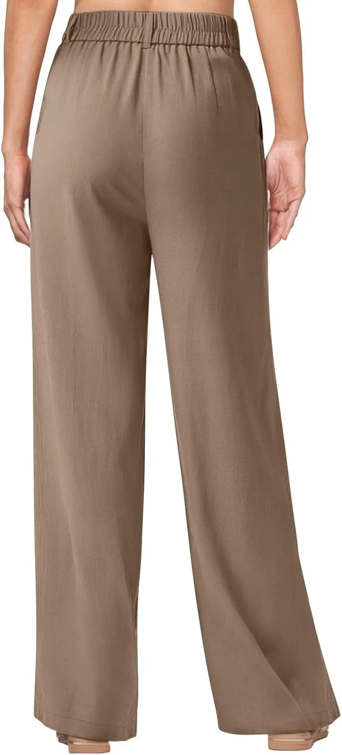fanmpghleoo Linen Pants Women Summer Elastic High Waisted Wide Leg Dress Pants Business Casual Linen Trousers with Pockets