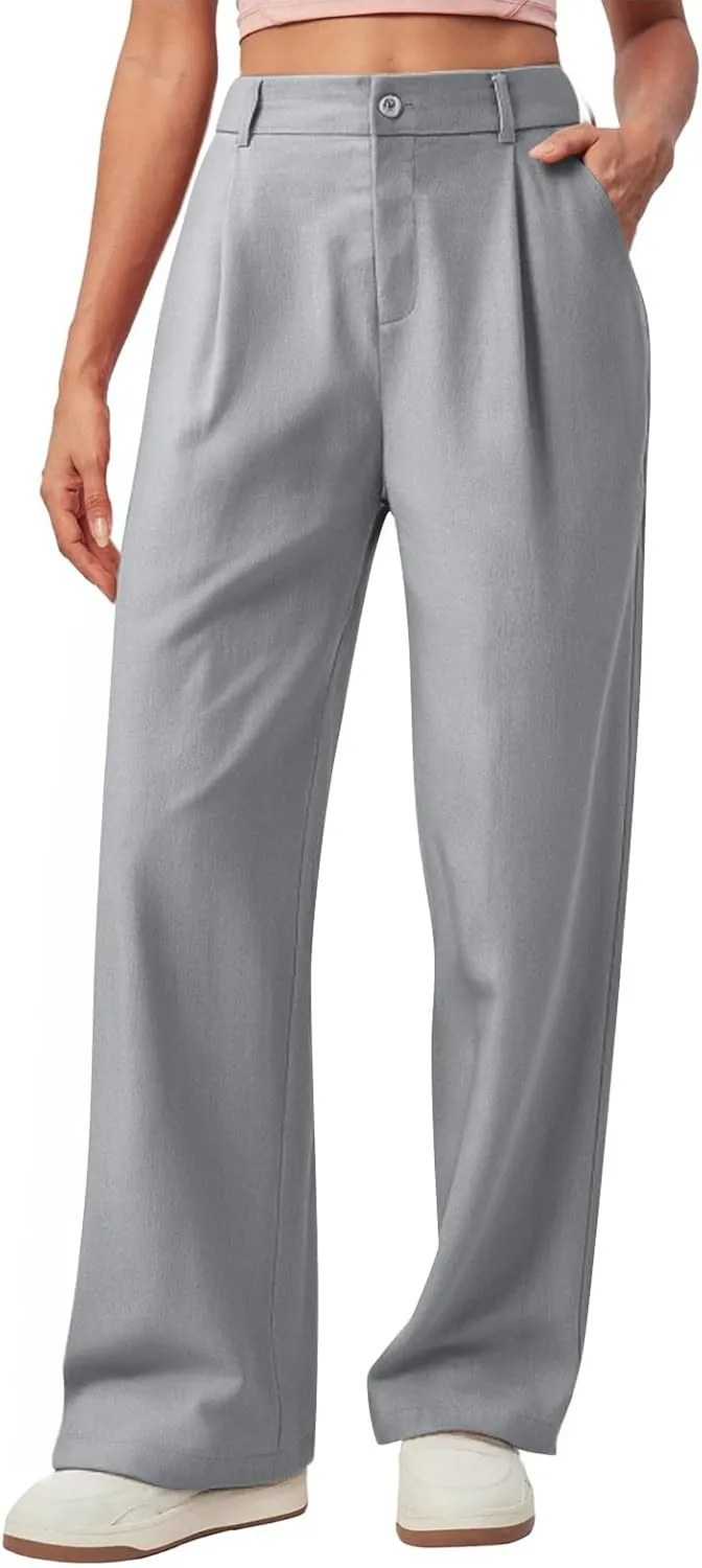 fanmpghleoo Linen Pants Women Summer Elastic High Waisted Wide Leg Dress Pants Business Casual Linen Trousers with Pockets
