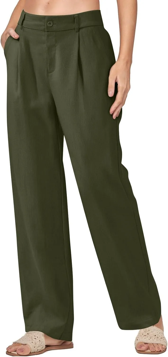 fanmpghleoo Linen Pants Women Summer Elastic High Waisted Wide Leg Dress Pants Business Casual Linen Trousers with Pockets