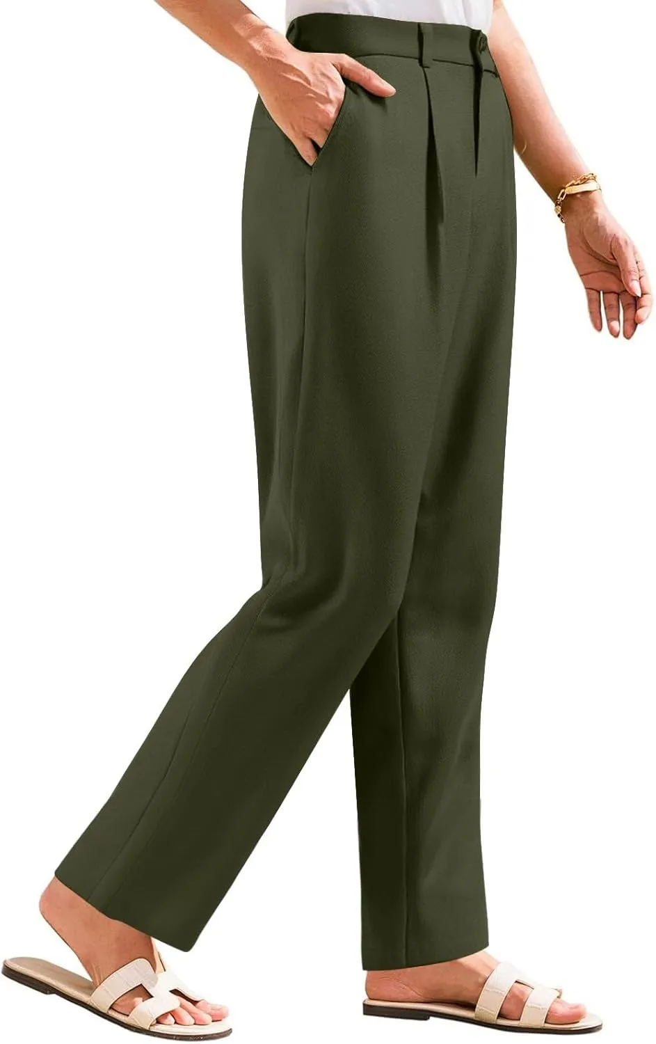 fanmpghleoo Linen Pants Women Summer Elastic High Waisted Wide Leg Dress Pants Business Casual Linen Trousers with Pockets