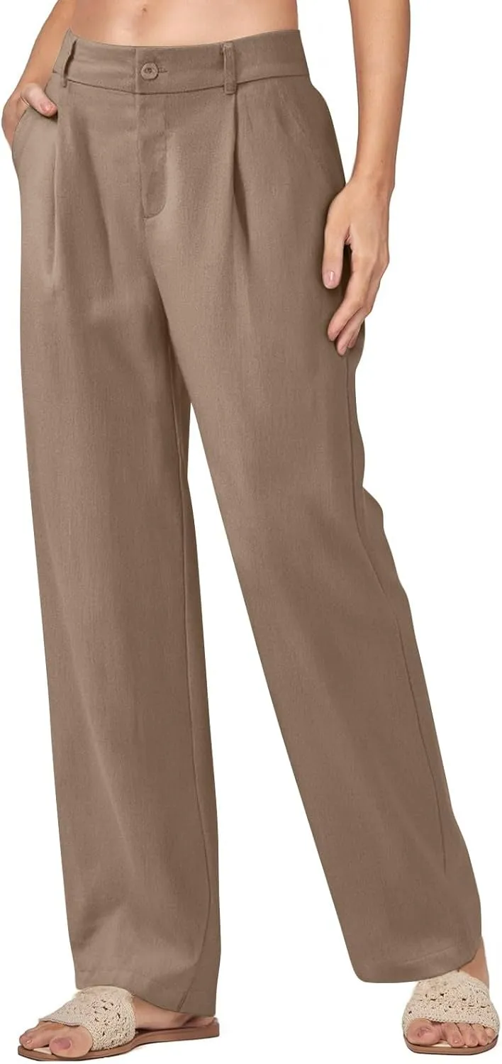 fanmpghleoo Linen Pants Women Summer Elastic High Waisted Wide Leg Dress Pants Business Casual Linen Trousers with Pockets