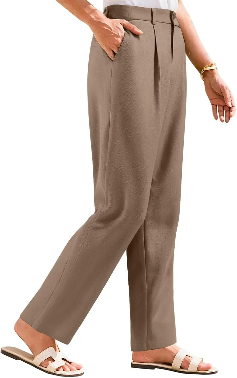 fanmpghleoo Linen Pants Women Summer Elastic High Waisted Wide Leg Dress Pants Business Casual Linen Trousers with Pockets