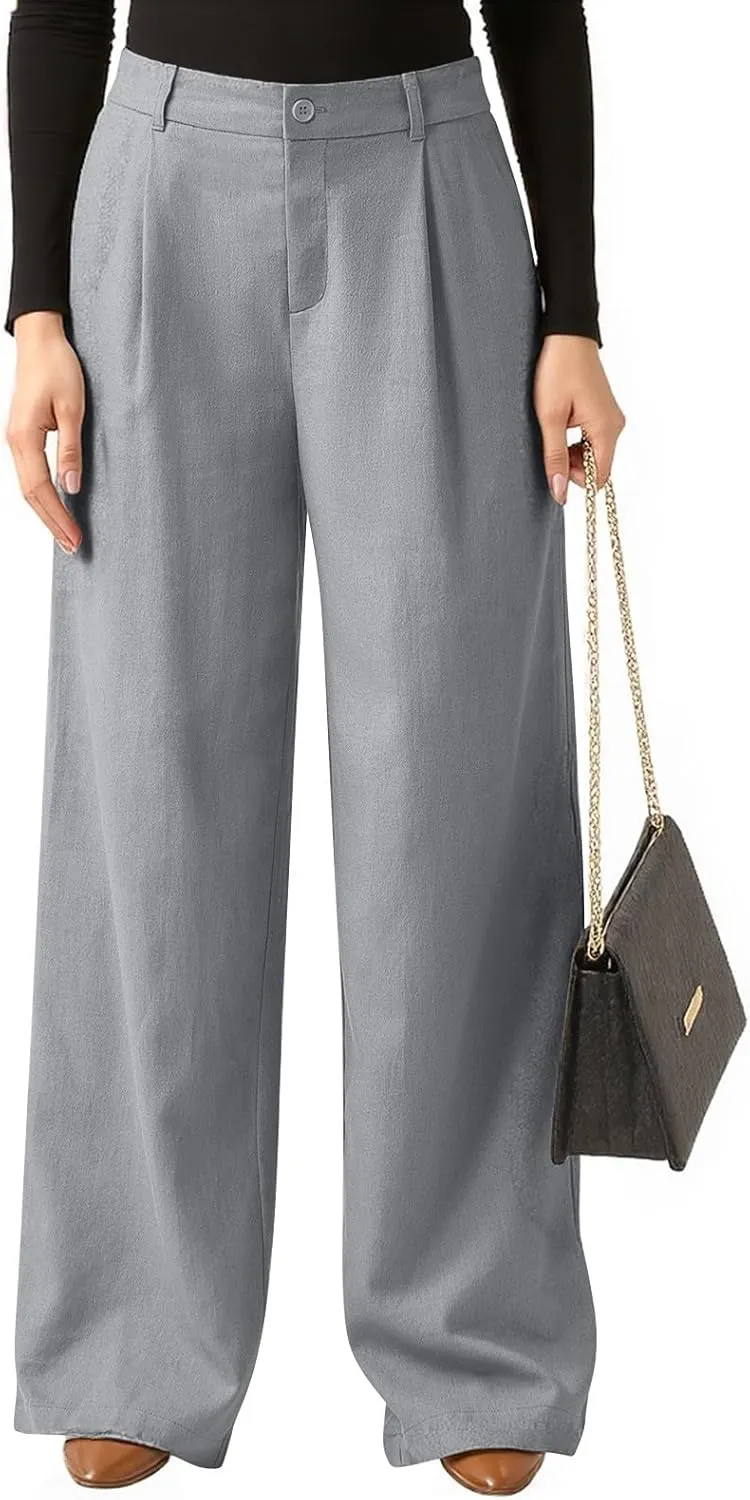 fanmpghleoo Linen Pants Women Summer Elastic High Waisted Wide Leg Dress Pants Business Casual Linen Trousers with Pockets