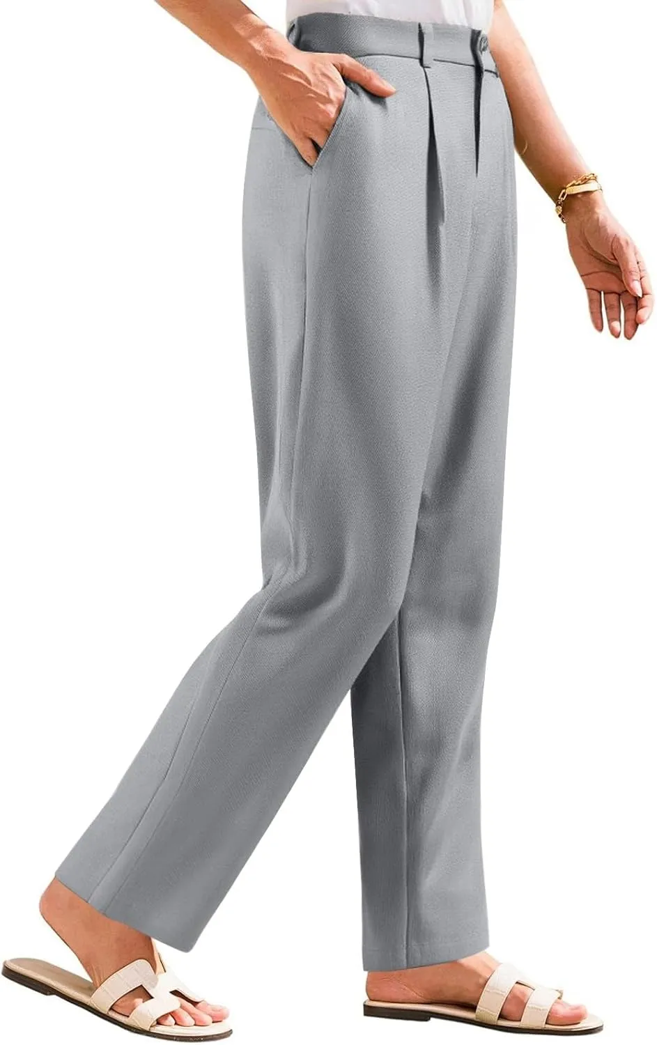 fanmpghleoo Linen Pants Women Summer Elastic High Waisted Wide Leg Dress Pants Business Casual Linen Trousers with Pockets