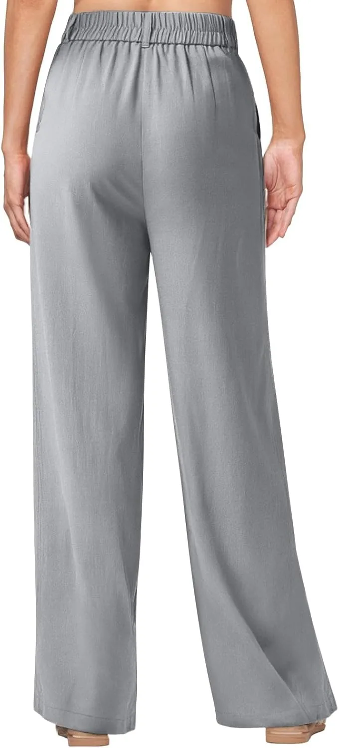 fanmpghleoo Linen Pants Women Summer Elastic High Waisted Wide Leg Dress Pants Business Casual Linen Trousers with Pockets