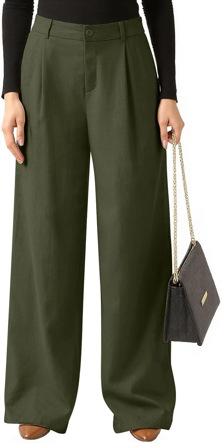 fanmpghleoo Linen Pants Women Summer Elastic High Waisted Wide Leg Dress Pants Business Casual Linen Trousers with Pockets