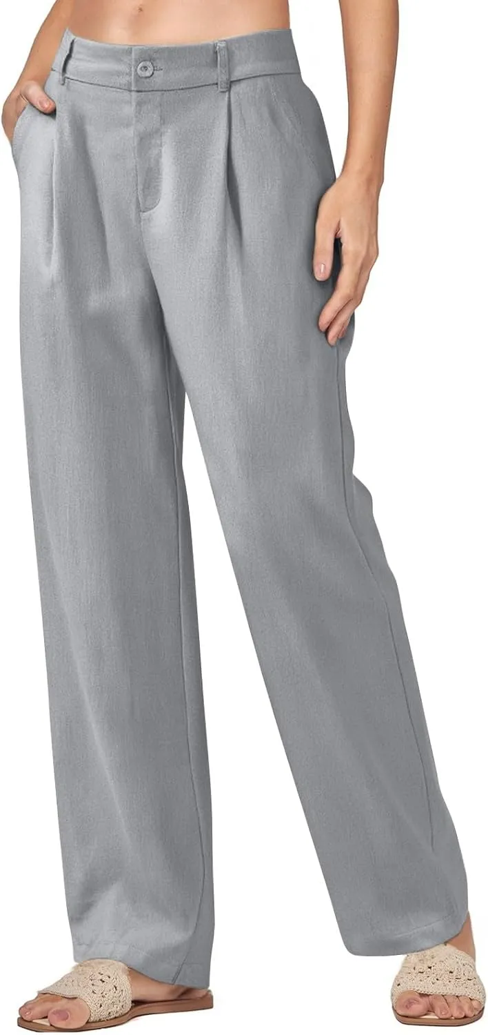 fanmpghleoo Linen Pants Women Summer Elastic High Waisted Wide Leg Dress Pants Business Casual Linen Trousers with Pockets