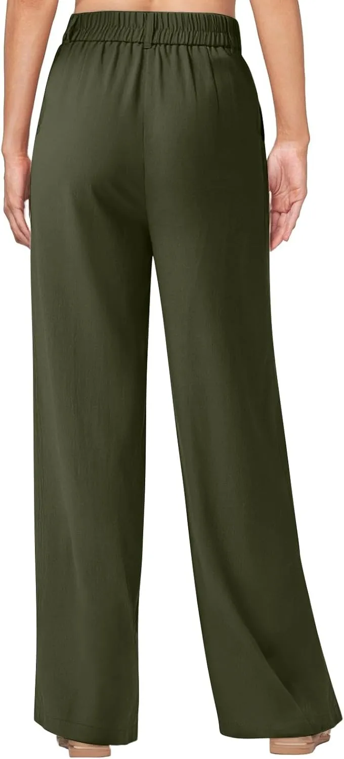 fanmpghleoo Linen Pants Women Summer Elastic High Waisted Wide Leg Dress Pants Business Casual Linen Trousers with Pockets