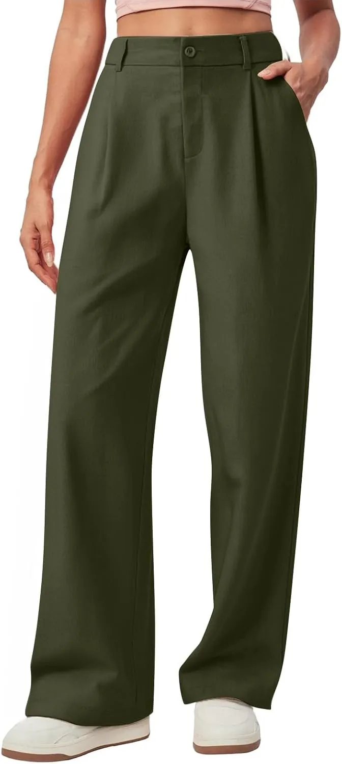 fanmpghleoo Linen Pants Women Summer Elastic High Waisted Wide Leg Dress Pants Business Casual Linen Trousers with Pockets