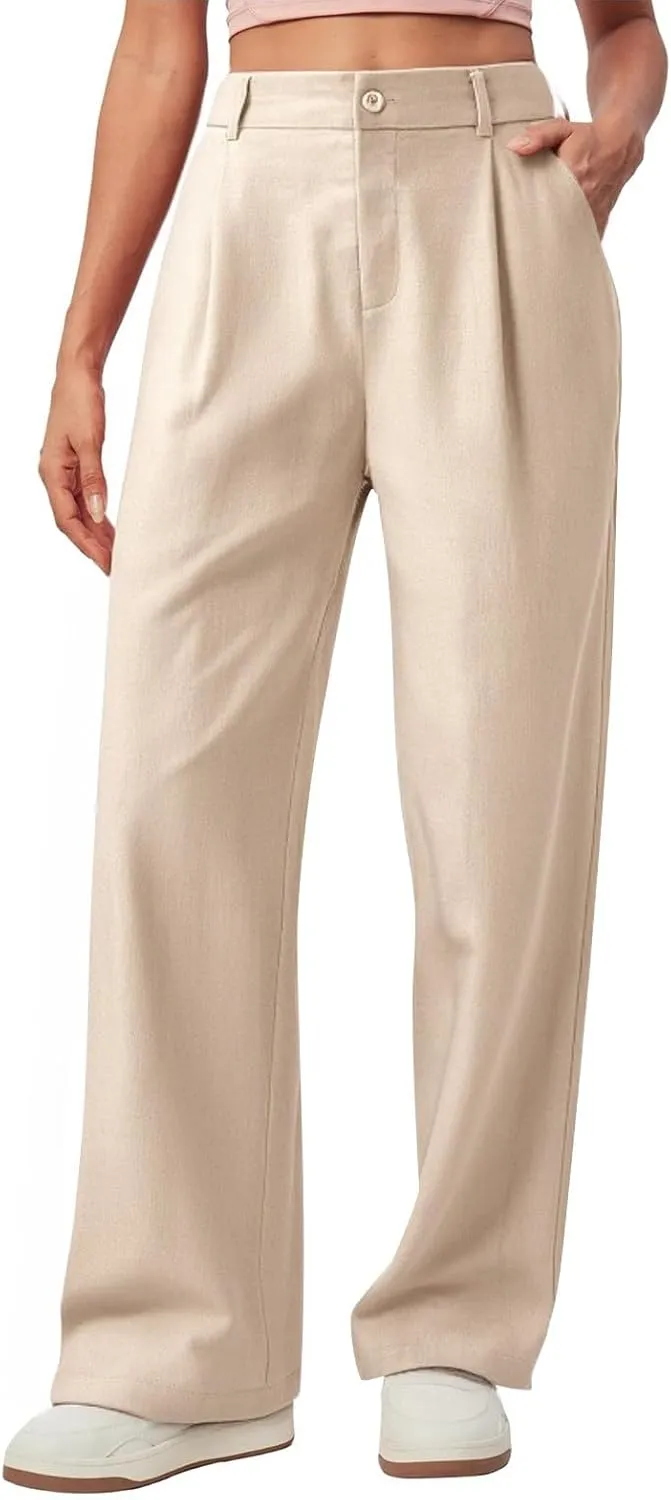 fanmpghleoo Linen Pants Women Summer Elastic High Waisted Wide Leg Dress Pants Business Casual Linen Trousers with Pockets