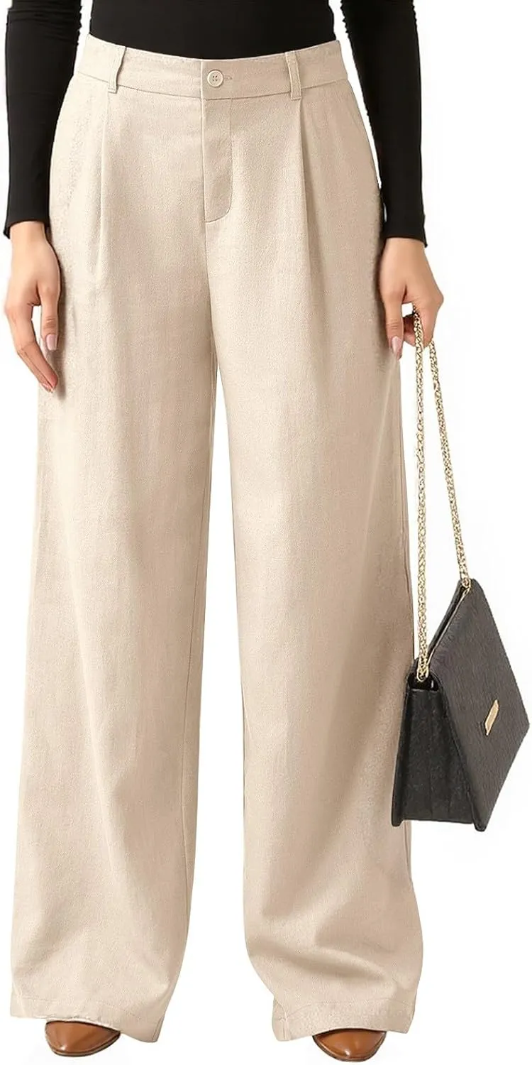 fanmpghleoo Wide Leg Dress Pants for Women High Waisted Linen Pants Women Summer Tall and Long Linen Trousers with Pockets