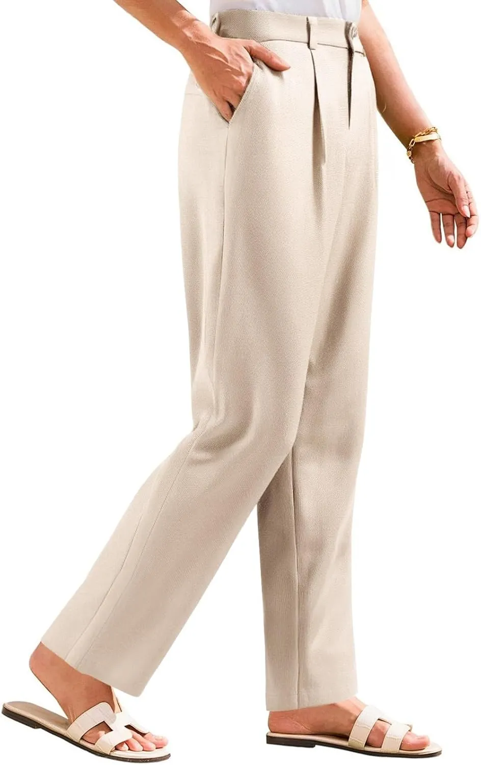 fanmpghleoo Wide Leg Dress Pants for Women High Waisted Linen Pants Women Summer Tall and Long Linen Trousers with Pockets