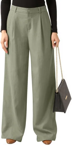 fanmpghleoo Wide Leg Linen Pants for Women Elastic High Waisted Dress Pants Office Linen Trousers Business Casual Slacks