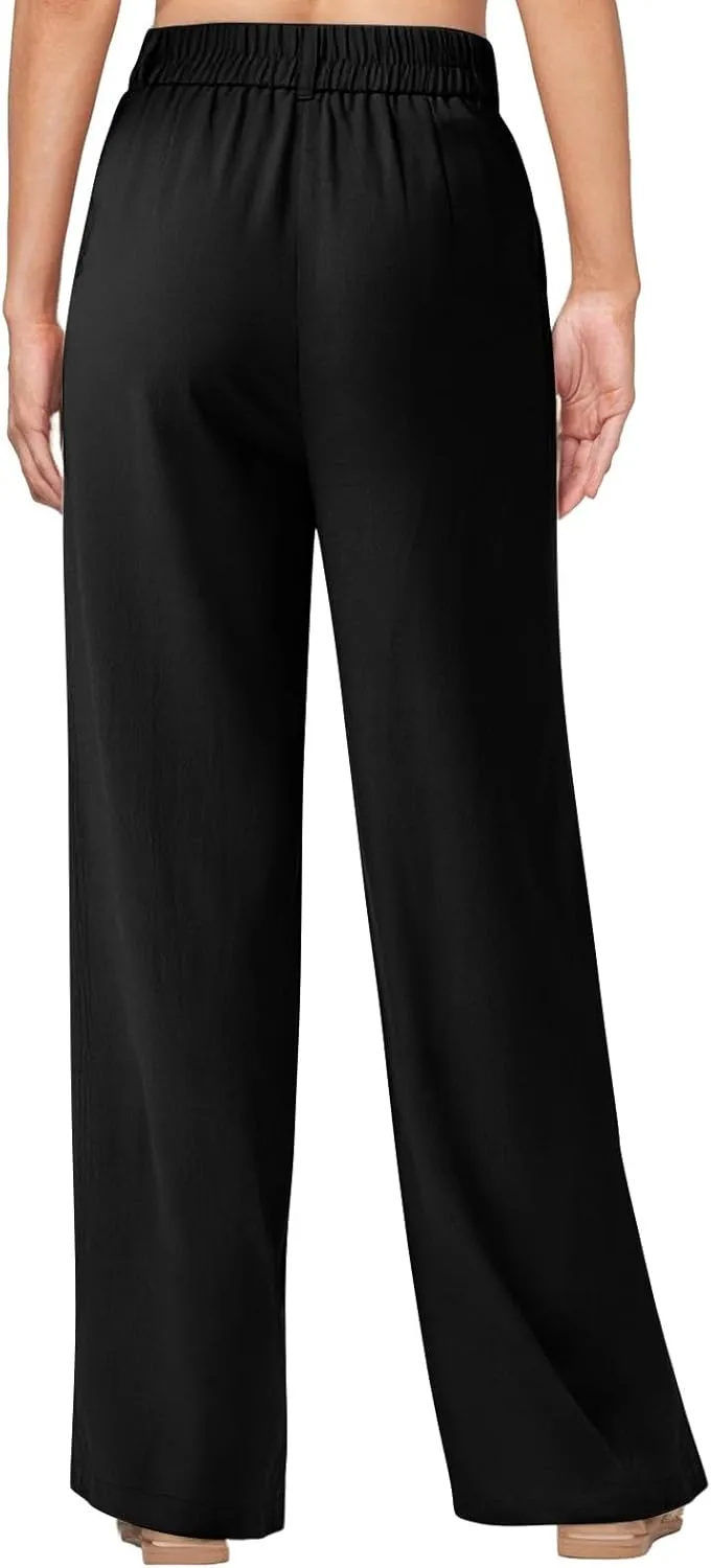 fanmpghleoo Wide Leg Linen Pants for Women Elastic High Waisted Dress Pants Office Linen Trousers Business Casual Slacks