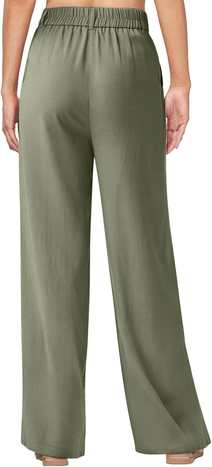 fanmpghleoo Wide Leg Linen Pants for Women Elastic High Waisted Dress Pants Office Linen Trousers Business Casual Slacks