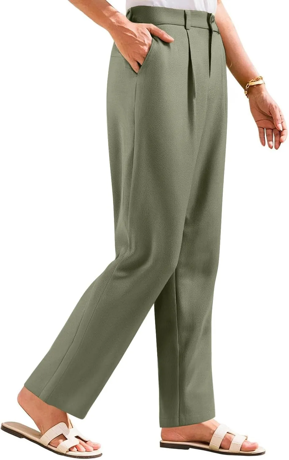 fanmpghleoo Wide Leg Linen Pants for Women Elastic High Waisted Dress Pants Office Linen Trousers Business Casual Slacks