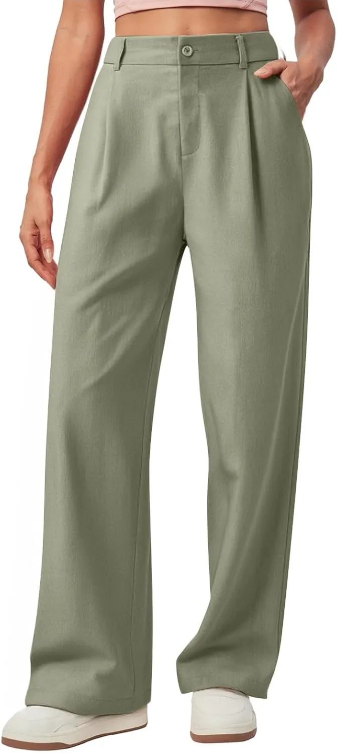 fanmpghleoo Wide Leg Linen Pants for Women Elastic High Waisted Dress Pants Office Linen Trousers Business Casual Slacks