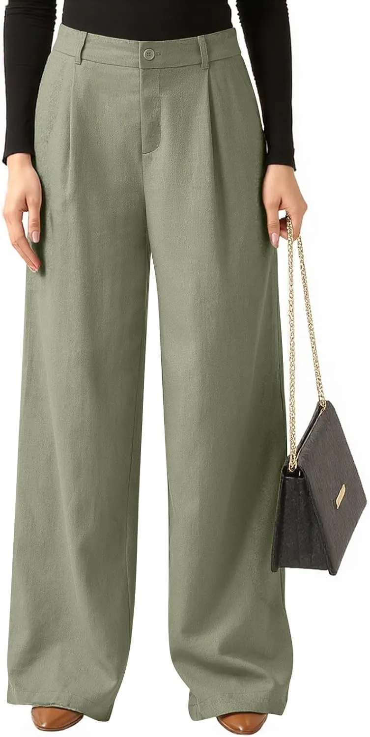fanmpghleoo Wide Leg Linen Pants for Women Elastic High Waisted Dress Pants Office Linen Trousers Business Casual Slacks