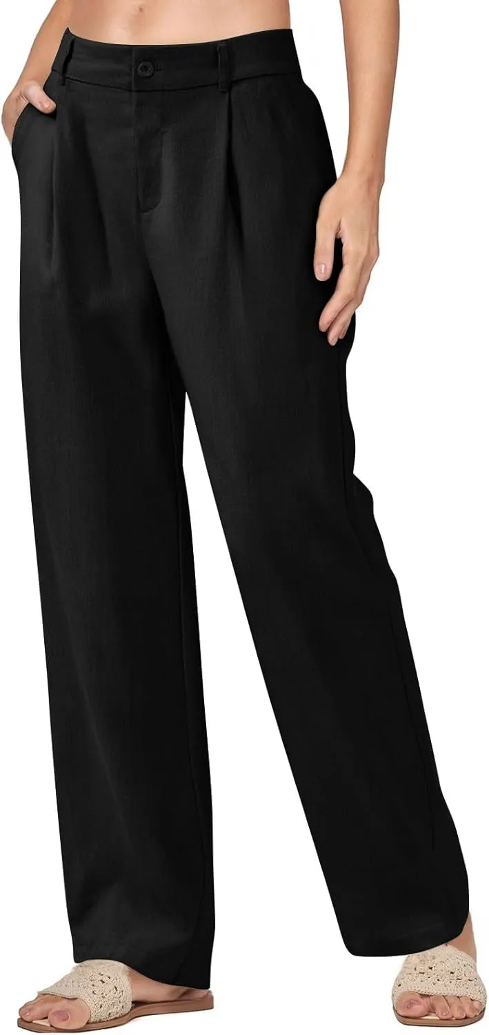 fanmpghleoo Wide Leg Linen Pants for Women Elastic High Waisted Dress Pants Office Linen Trousers Business Casual Slacks