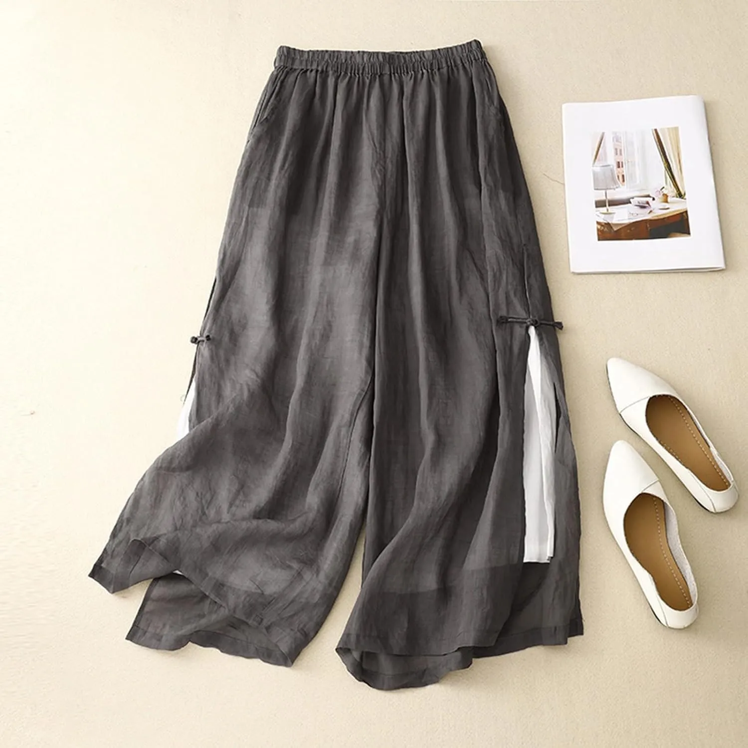 Firzero Women Summer Pants Cotton Linen Pants 2024 Casual Wide Leg Elastic Waist Trousers Loose Fit Straight Leg Pants