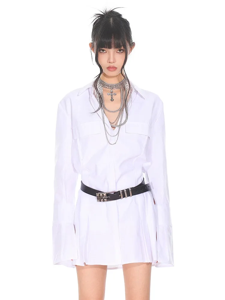Flare Long Sleeve Pleated Mini Shirt-Dress