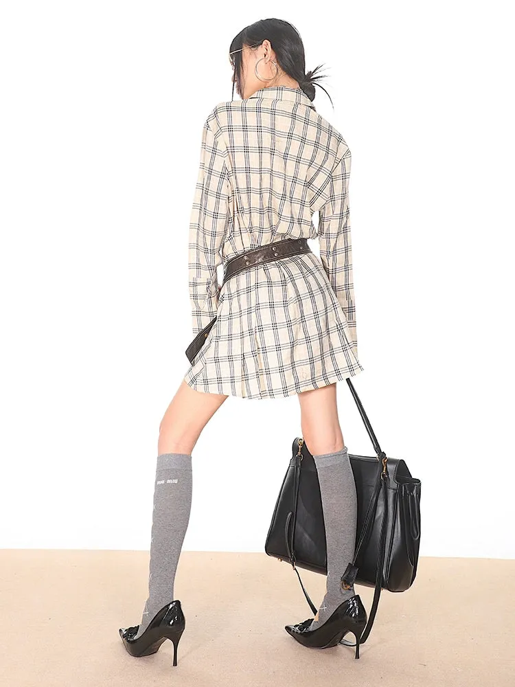 Flare Long Sleeve Pleated Mini Shirt-Dress