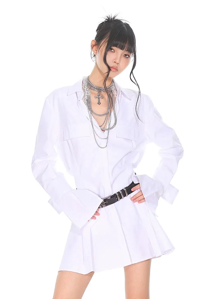 Flare Long Sleeve Pleated Mini Shirt-Dress