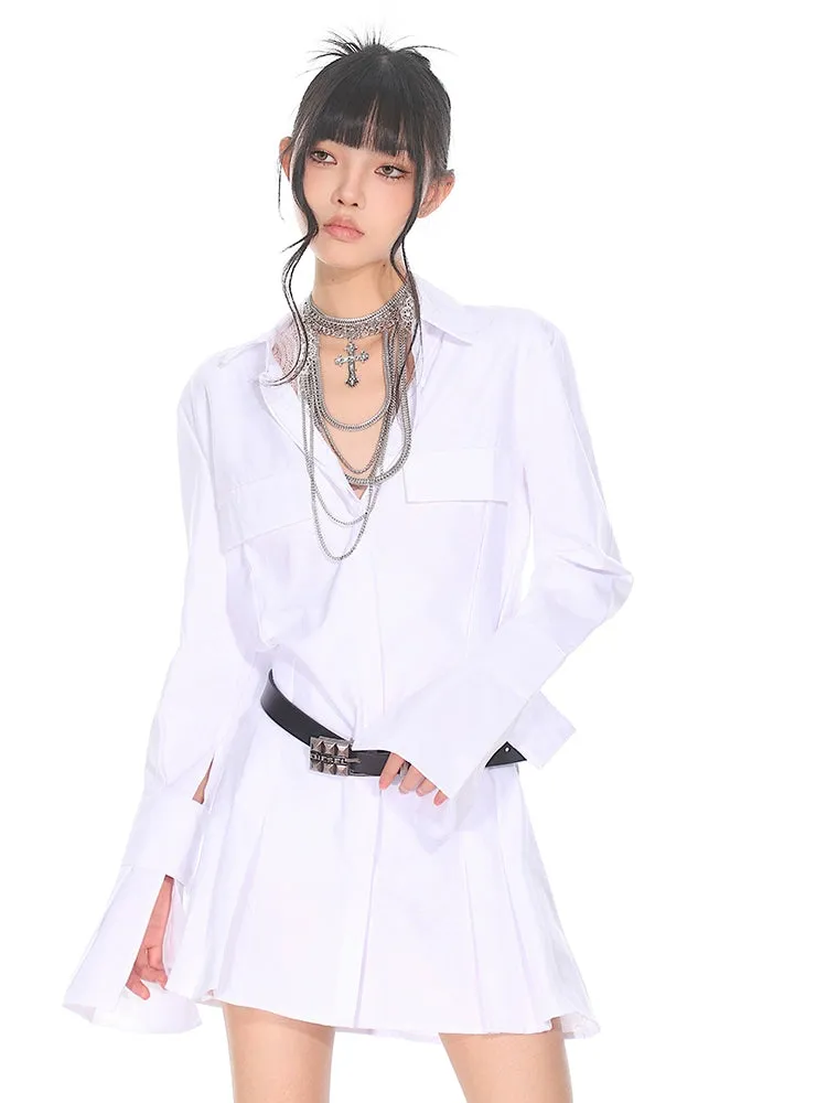 Flare Long Sleeve Pleated Mini Shirt-Dress