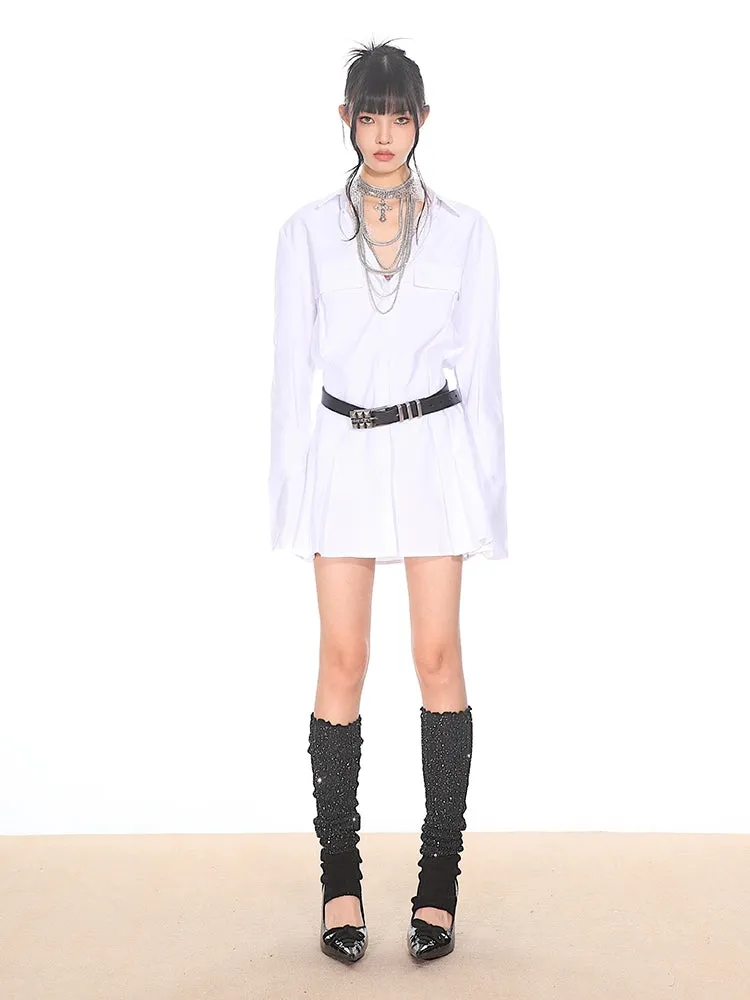Flare Long Sleeve Pleated Mini Shirt-Dress
