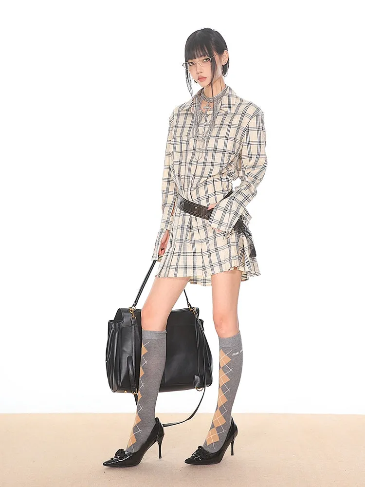 Flare Long Sleeve Pleated Mini Shirt-Dress