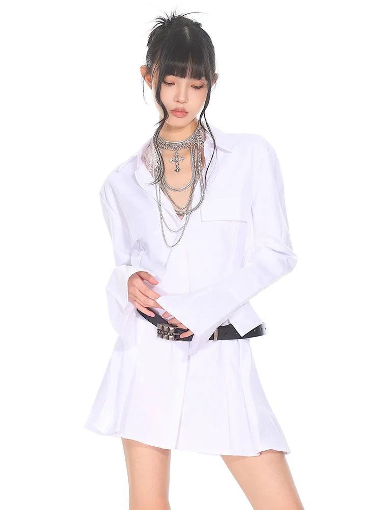 Flare Long Sleeve Pleated Mini Shirt-Dress