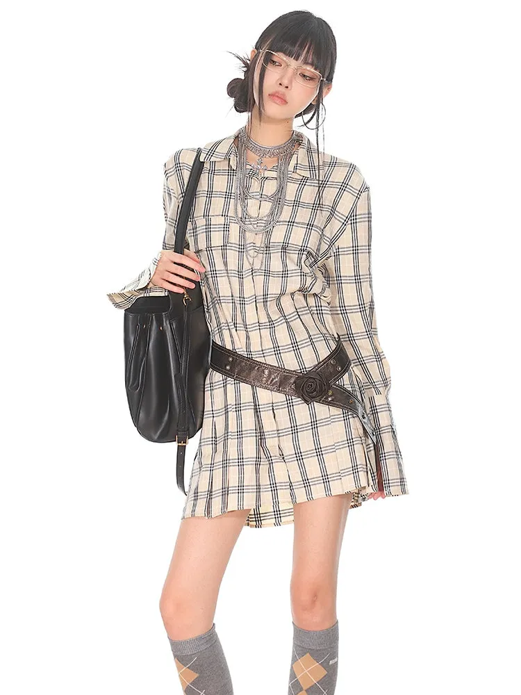 Flare Long Sleeve Pleated Mini Shirt-Dress
