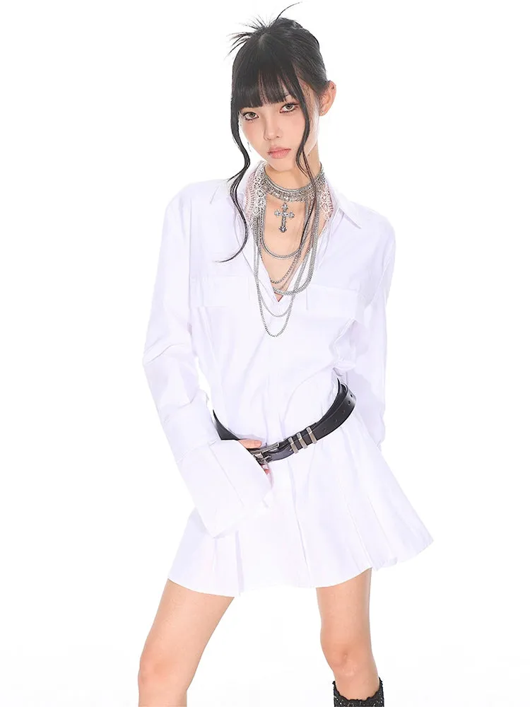 Flare Long Sleeve Pleated Mini Shirt-Dress